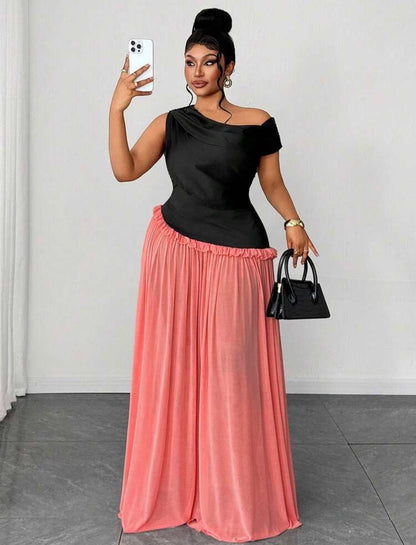 Vacation Color Block Black & Pink Mesh Flared Sleeveless Asymmetric Ruched Unique Design Elegant Party Dress