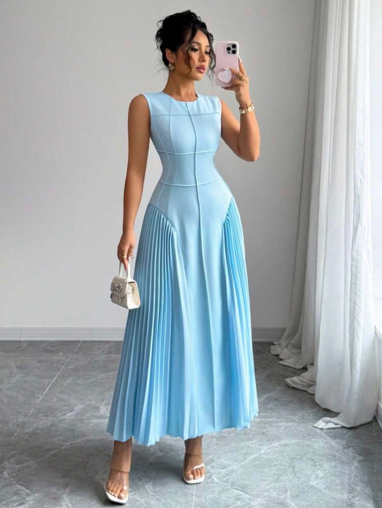 Minimalist Design Neck Sleeveless Pleated Hem Maxi Knit Dress