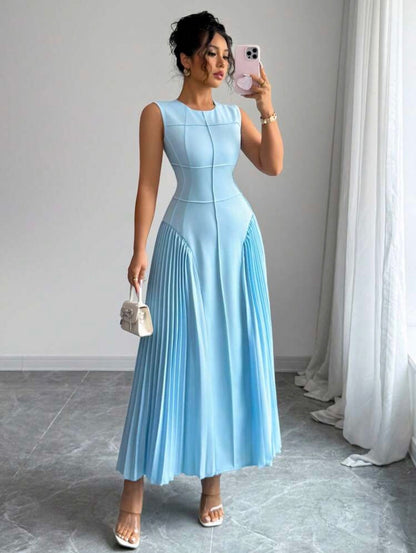 Minimalist Design Neck Sleeveless Pleated Hem Maxi Knit Dress