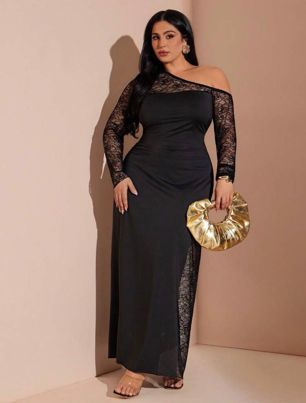 Women's Lace Patchwork Sexy Black Dress, Off-Shoulder High-Slit Maxi Dress @ CHRISTIANDELOS_ VERI CLASSY VERI DEMURE
