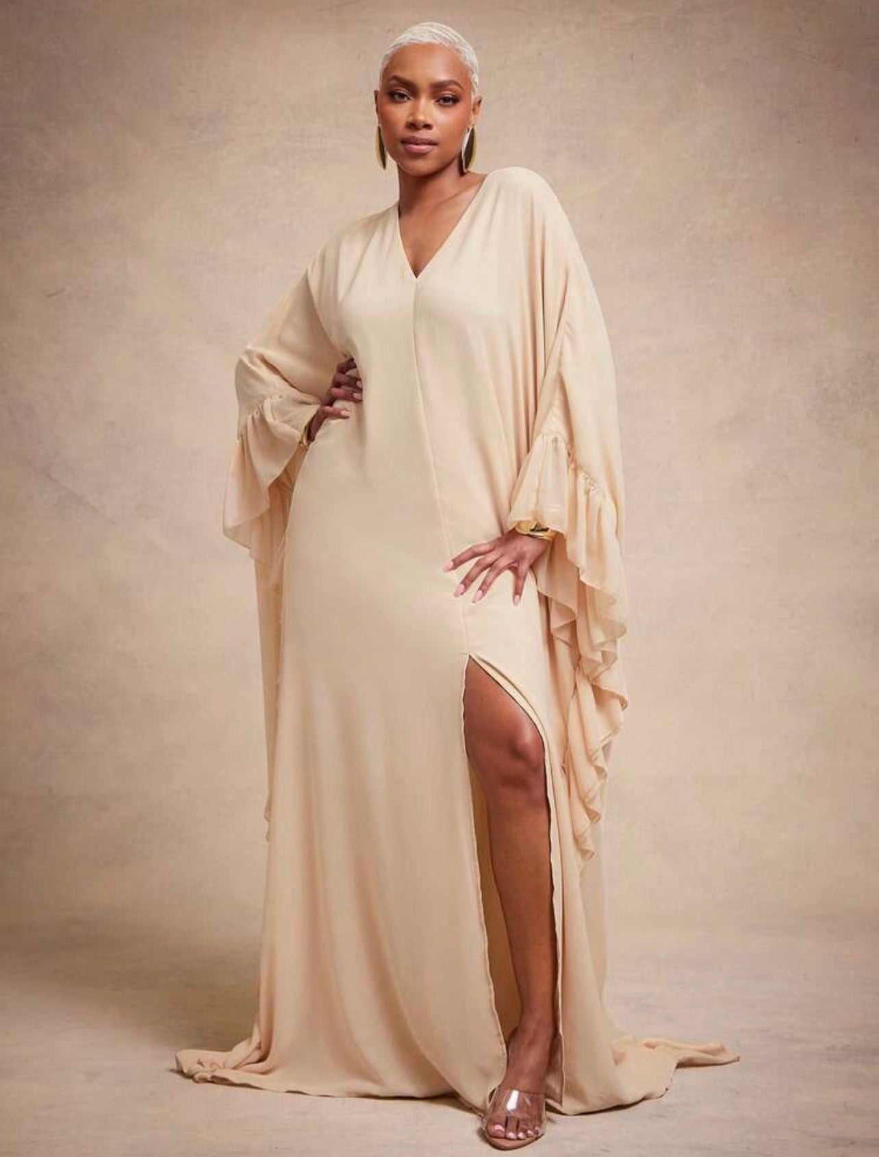 Vixey Chiffon Fully Lined Ruffle Detail Kaftan Dress, Elegant, Glamorous For Special Occasion