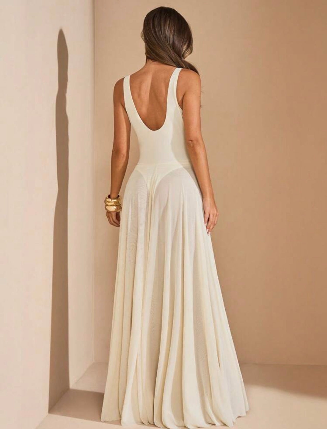 Off-White Maxi Dress, Metal Decor A-Line Goddess Dress For Tropical Vacation,Holiday Beach Resort