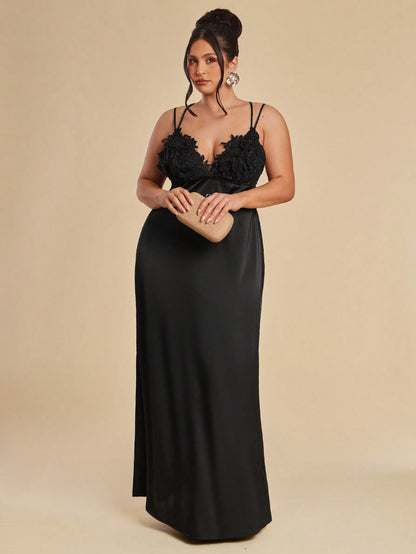 Elegant Black Deep V-Neck Satin Backless Dress,Lace Floral Tie-Up Sommar Evening Formal Dress @CHRISTIANDELOS