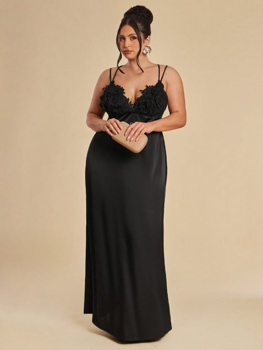 Elegant Black Deep V-Neck Satin Backless Dress,Lace Floral Tie-Up Sommar Evening Formal Dress @CHRISTIANDELOS