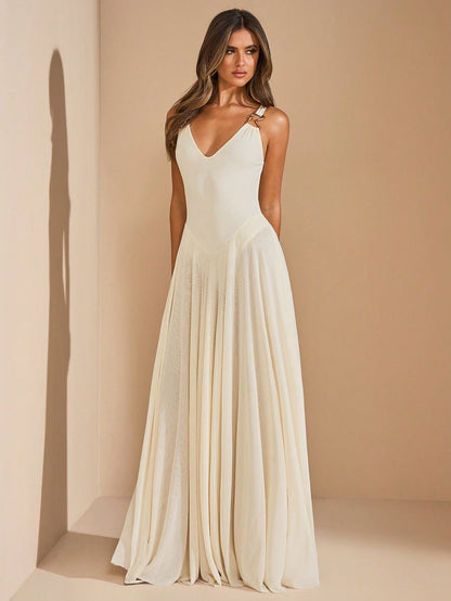 Off-White Maxi Dress, Metal Decor A-Line Goddess Dress For Tropical Vacation,Holiday Beach Resort