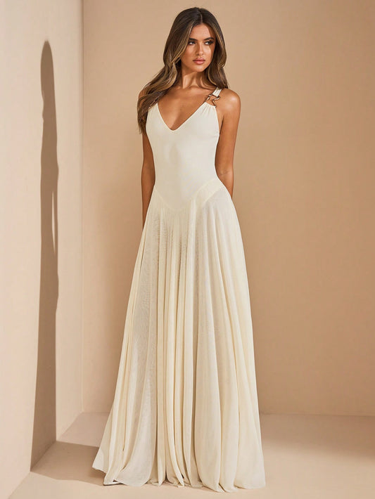 Off-White Maxi Dress, Metal Decor A-Line Goddess Dress For Tropical Vacation,Holiday Beach Resort
