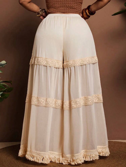 Flowy Chiffon High Waist Slimming Lace Patchwork Pants, VERI Luxurious C-D Wear -