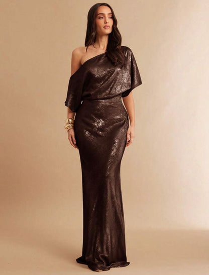Silquee Elegant Vintage Asymmetrical Shoulder Waist Cinched Dress - VERI CLASSY VERI DEMURE @CHRISTIANDELOS