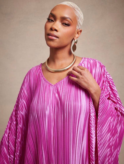 Vixey Statement Pleated Satin V Neck Cut Out Batwing Tiered Hem Kaftan Maxi Dress Elegant For Glamorous, Special Occasion