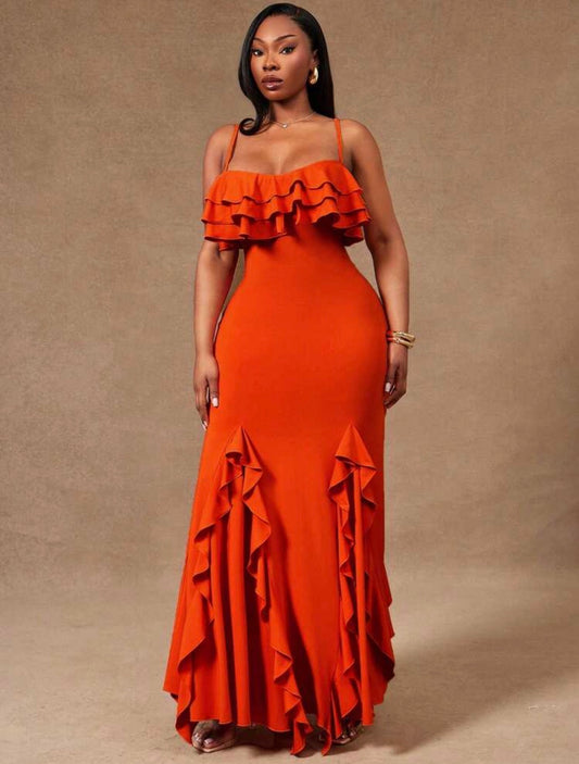 Burnt Orange Elegant Cocktail Wear Multilayered Ruffle Decor Strap Bodycon Dress Boho Chic