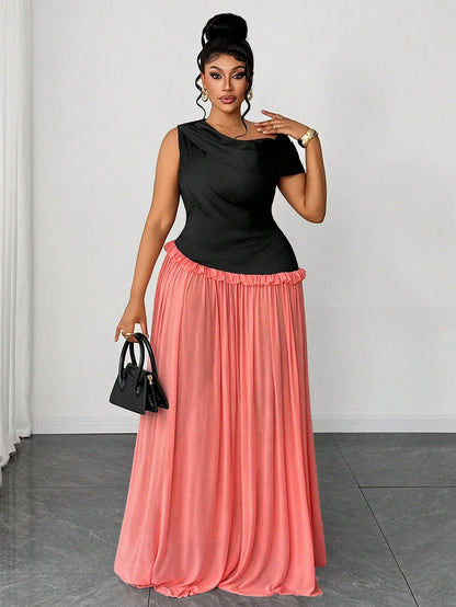 Vacation Color Block Black & Pink Mesh Flared Sleeveless Asymmetric Ruched Unique Design Elegant Party Dress