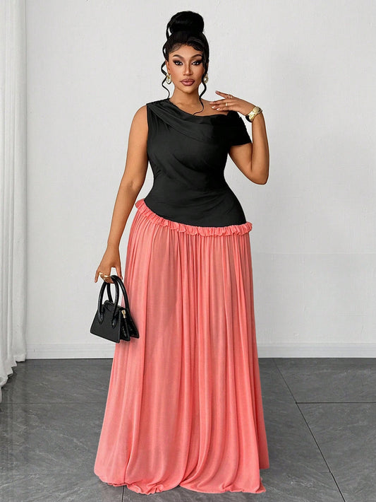 Vacation Color Block Black & Pink Mesh Flared Sleeveless Asymmetric Ruched Unique Design Elegant Party Dress