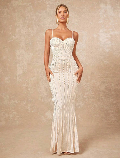 Scot Louie Pearls And Rhinestone Detail Split Hem Bustier Slip Maxi Dress Luxury Look Banquet Modest Old Money Glitter OutFit ~ @CHRISTIANDELOS_