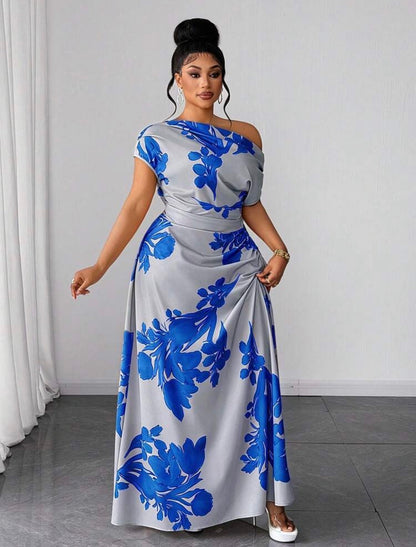 Floral Print Ruched Waist Slit Shoulder Casual Vacation Dress