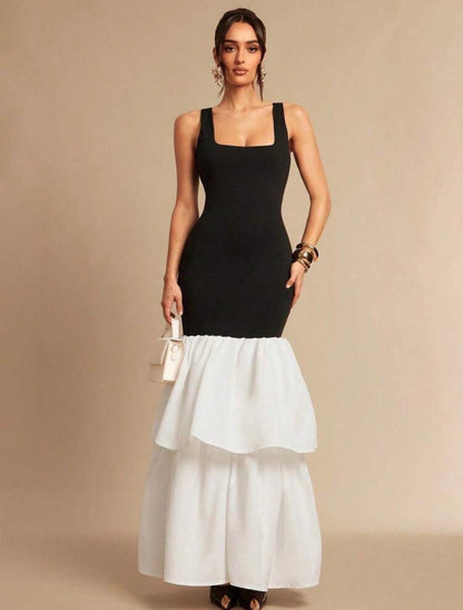 Elegant Black And White Party Dress,Contrast Color Ruffle Hem Maxi Gown For Women @CHRISTIANDELOS