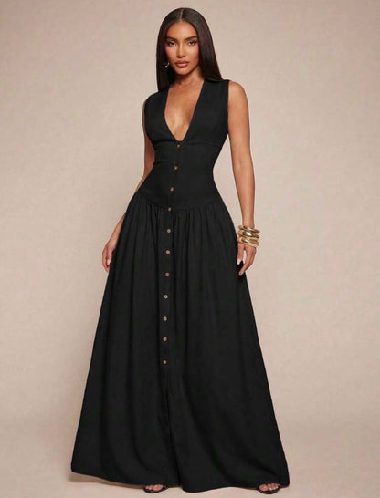 Radiana Women's Sexy Elegant Minimalist Faux Linen V-Neck Tank Dress, Long Dress, Waist-Cinching Dress, Button-Front Dress, Shirt Dress, Full Skirt Dress, Casual Dress, Casual Business lOld Money Style @ CHRISTIAN DELOS