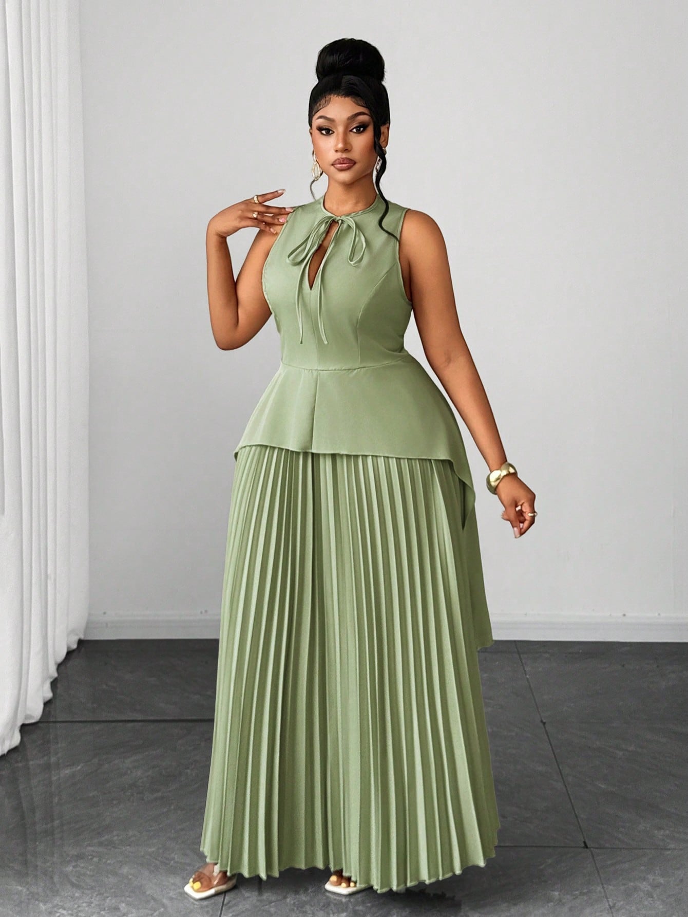 Ladies Round Neck Elegant Hollow Out Ruffle Hem Asymmetrical Pleated Full Skirt Sleeveless Tie Two Pieces Set