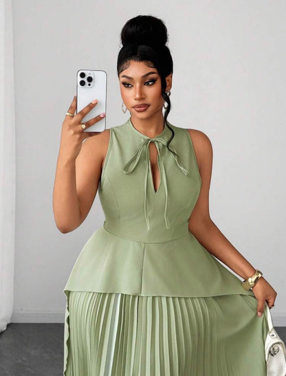 Ladies Round Neck Elegant Hollow Out Ruffle Hem Asymmetrical Pleated Full Skirt Sleeveless Tie Two Pieces Set