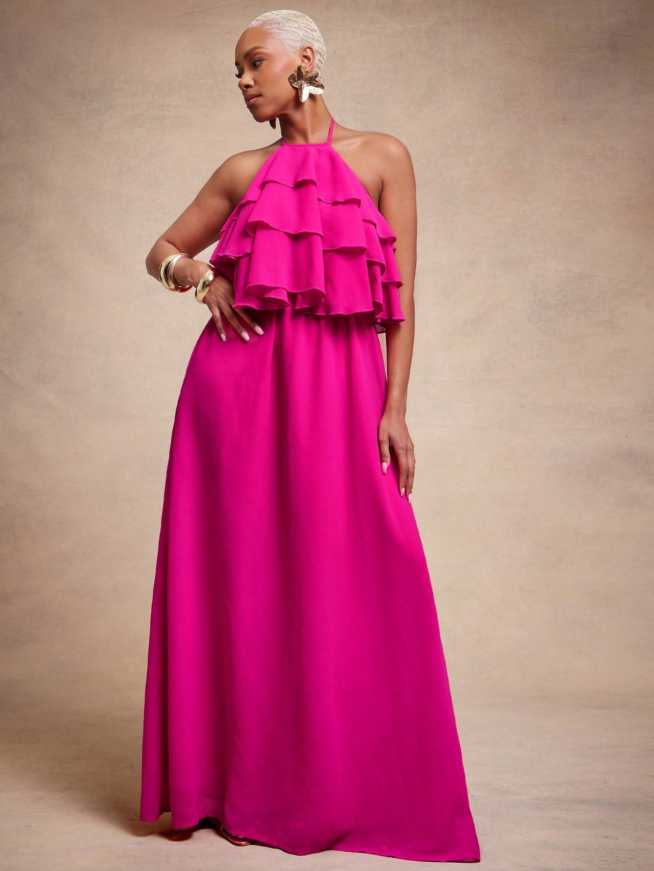 Vixey Chiffon Fully Lined Tiered Ruffle Flowy Halter Neck Maxi Dress, Elegant, Glamorous for Special Occasion