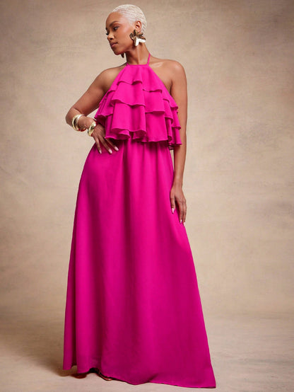 Vixey Chiffon Fully Lined Tiered Ruffle Flowy Halter Neck Maxi Dress, Elegant, Glamorous for Special Occasion