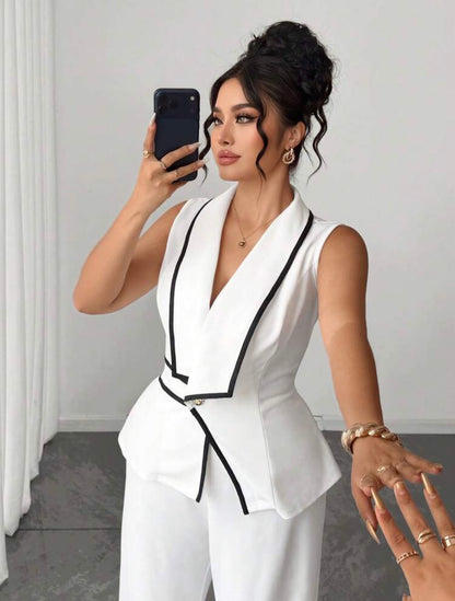 CLASY White Contrast Trim Ruffle Waist + Wide Leg Pants Suit, Sleeveless Top Two Pieces Office/Commute