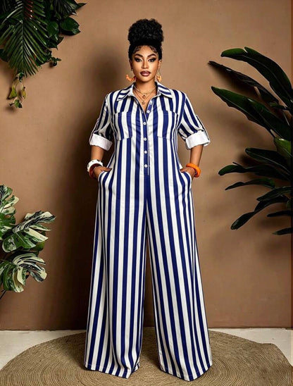 Plus Size Casual Striped Wide Leg Jumpsuit For Fancy Occasions / CLASSY AND DEMURE