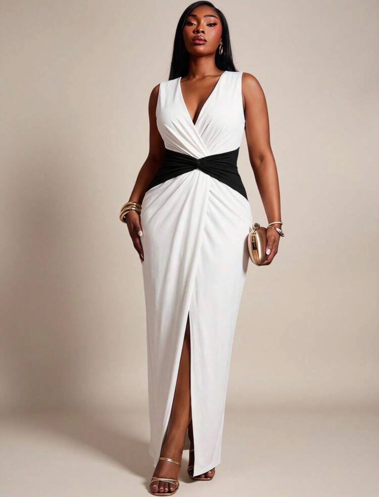 Radiana V-Neck Colorblock Pleated Slit Design Casual Elegant Party Cocktail Dress Black And White  - CHRISTIAN DELOS -