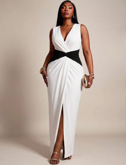 Radiana V-Neck Colorblock Pleated Slit Design Casual Elegant Party Cocktail Dress Black And White  - CHRISTIAN DELOS -