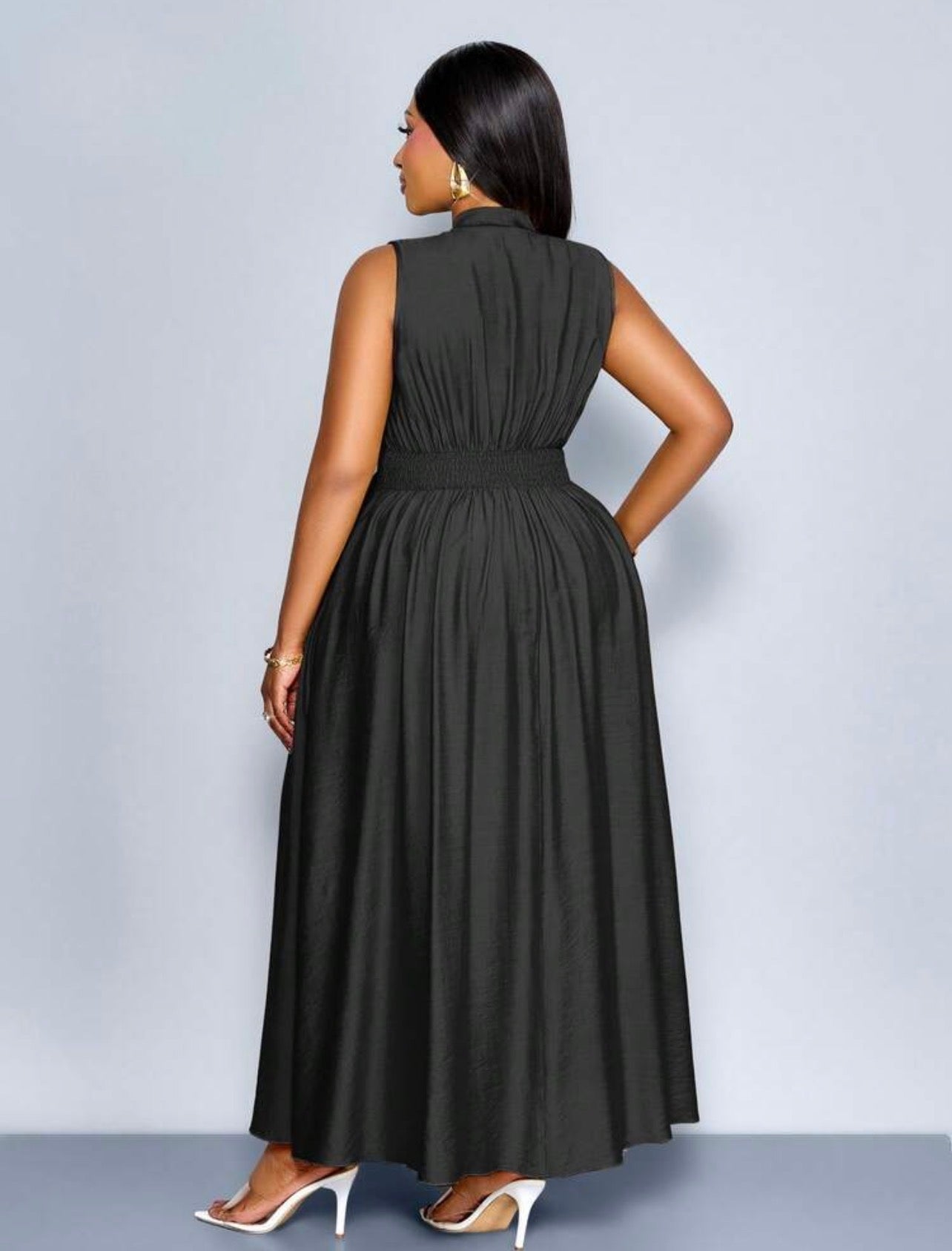 Linen Belted V-Neck Sleeveless Special Process Elastic Waist Pleated Mid-Length A-Line Dress