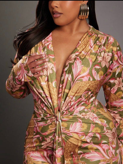 Curve Long Sleeve Deep Plunge V Neck Ruche Cinch Detail Flower Pattern Print Fitted Bodycon Dress @CHRISTIANDELOS_