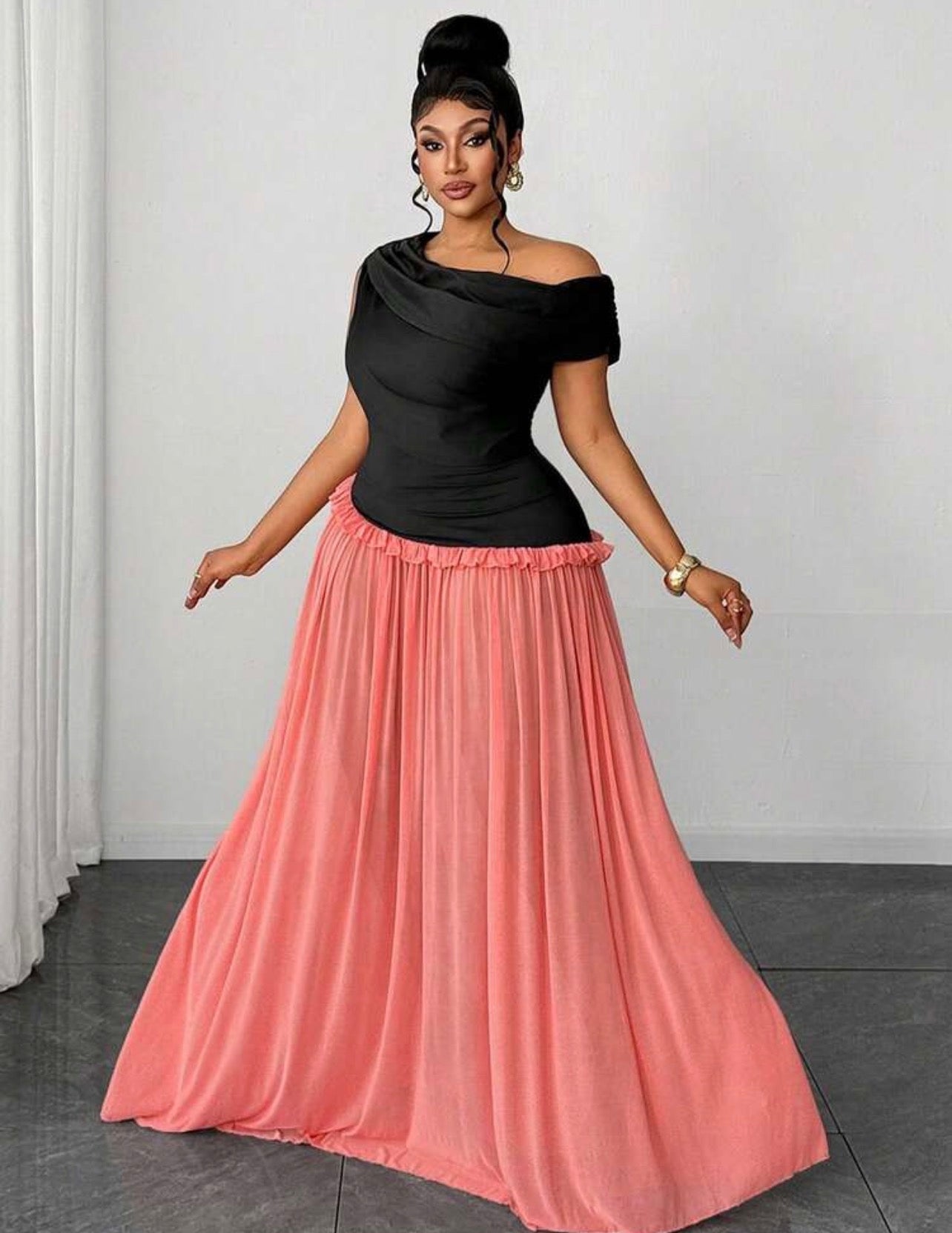 Vacation Color Block Black & Pink Mesh Flared Sleeveless Asymmetric Ruched Unique Design Elegant Party Dress