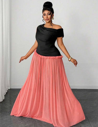 Vacation Color Block Black & Pink Mesh Flared Sleeveless Asymmetric Ruched Unique Design Elegant Party Dress