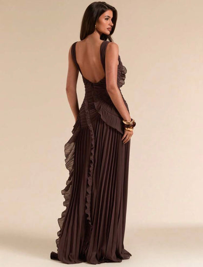 Sleeveless Backless Pleated Split High Slit Dress, Elegant with Tailored Details Design
