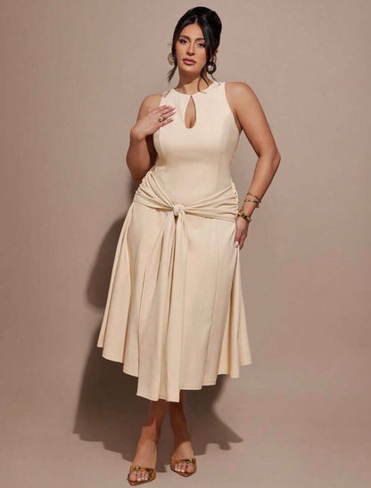 Beige Stunning Curve Cocktail Slit Silhouette Dress - CHRISTIANDELOS FASHION