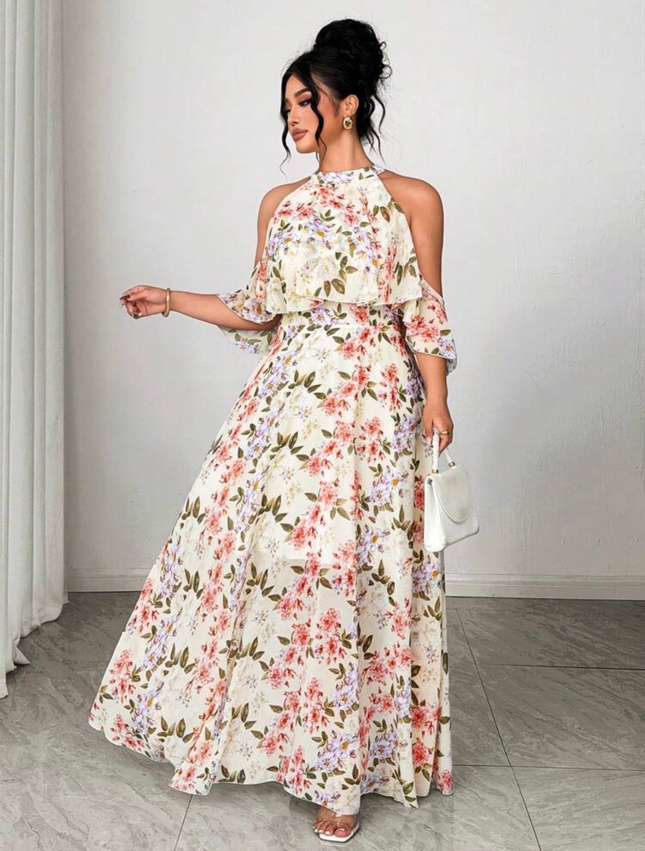 Classic - Vintage Floral Ruffle Sleeve Halter Neck Flowy Maxi Dress - CHRISTIAN DELOS -
