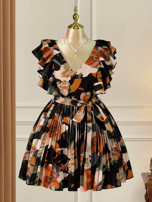 Rometta Women's Ruffle V-Neck Cinched Waist Pleated A-Line Floral Print Elegant Dress - CHRISTIAN DELOS -