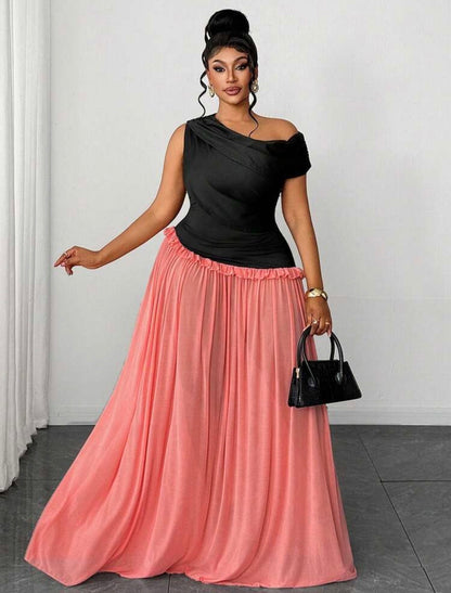 Vacation Color Block Black & Pink Mesh Flared Sleeveless Asymmetric Ruched Unique Design Elegant Party Dress