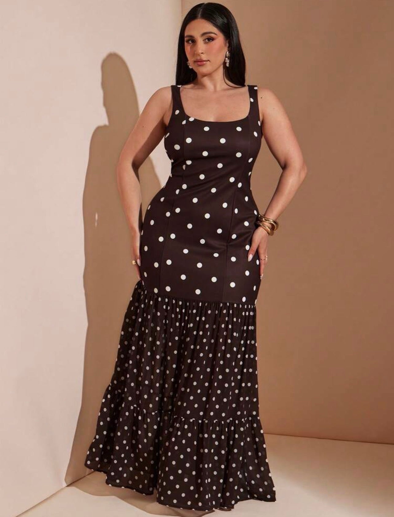 Brown Polka Dot Square Neck Sleeveless Maxi Dress,Elegant Ruffle Hem Tiered A Line Dress