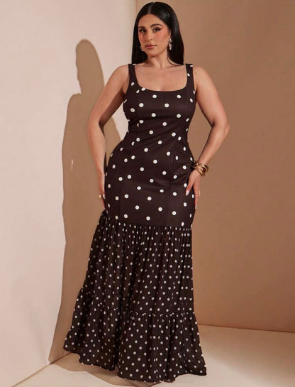 Brown Polka Dot Square Neck Sleeveless Maxi Dress,Elegant Ruffle Hem Tiered A Line Dress