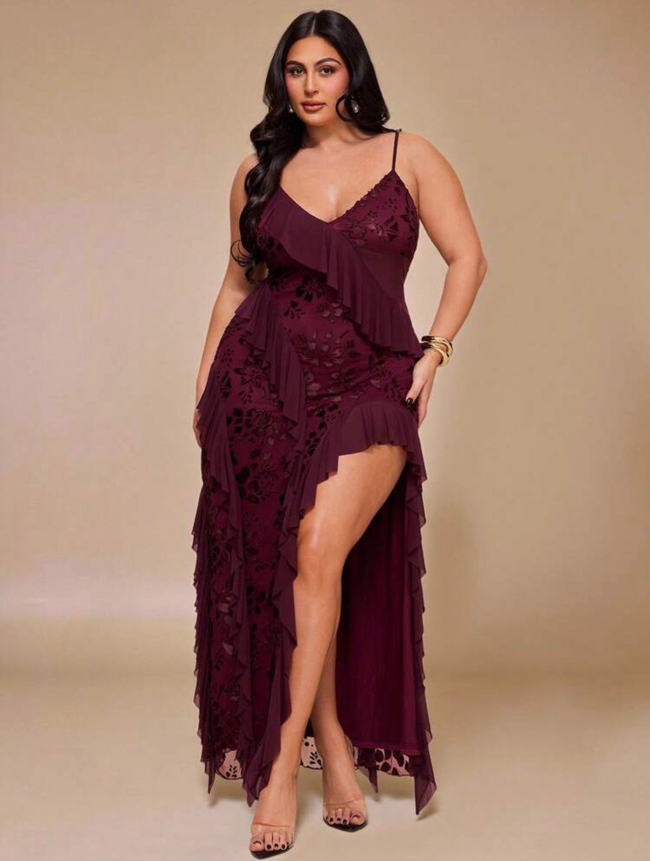 High Fashion Brand @CHRISTIANDELOS_ Asymmetric Ruffle Hem Dress, High Slit, Burgundy, Outfits For Women || VERI CLASSY VERI DEMURE •••