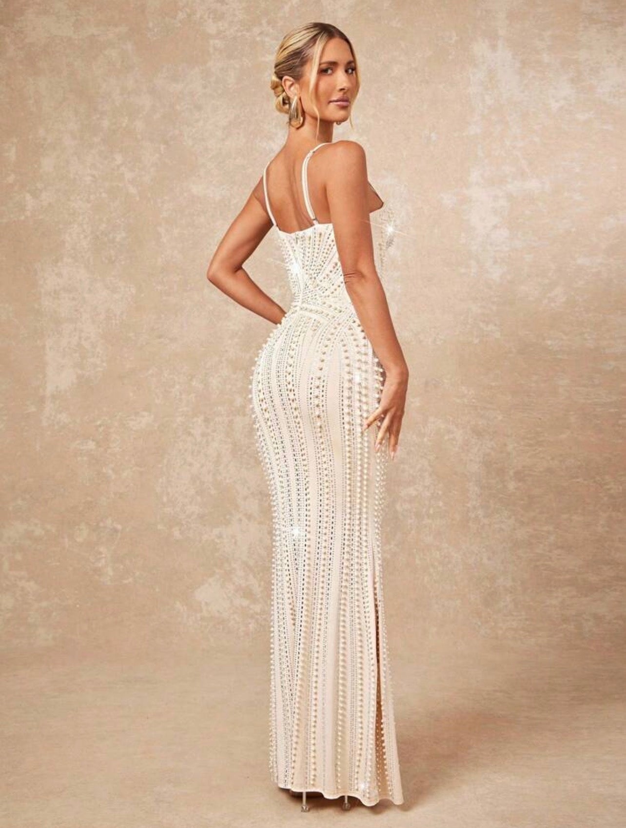 Scot Louie Pearls And Rhinestone Detail Split Hem Bustier Slip Maxi Dress Luxury Look Banquet Modest Old Money Glitter OutFit ~ @CHRISTIANDELOS_