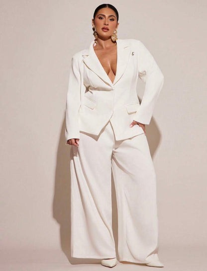 Curve White Elegant Formal Two Piece Suit,Business Casual Blazer Set With Wide-Leg Pants,Corporate Work Suits to All Occasions