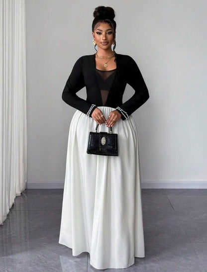 STYLISH Mesh Patchwork V-Neck Fitted Waist Top,A-Line Design,Beaded Cuffs,Autumn,Elegant,Traditional DRESS
