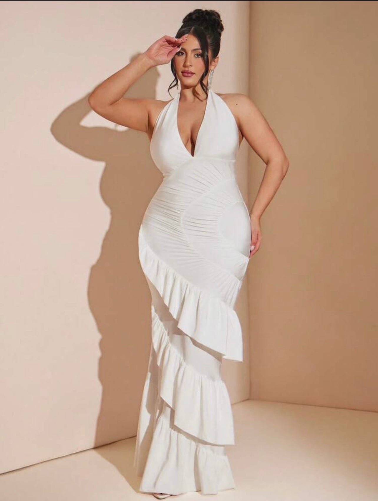 Elegant Ruffle Backless Dress, White Elegant Formal Party Wear @CHRISTIANDELOS