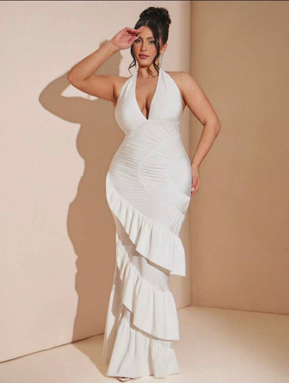 Elegant Ruffle Backless Dress, White Elegant Formal Party Wear @CHRISTIANDELOS