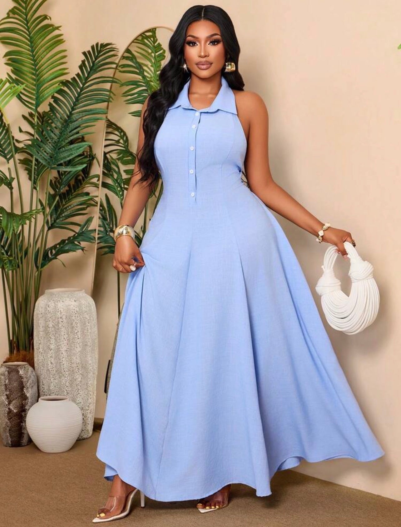 Sleeveless Woven Fabric Maxi Dress With Backless And Button Details