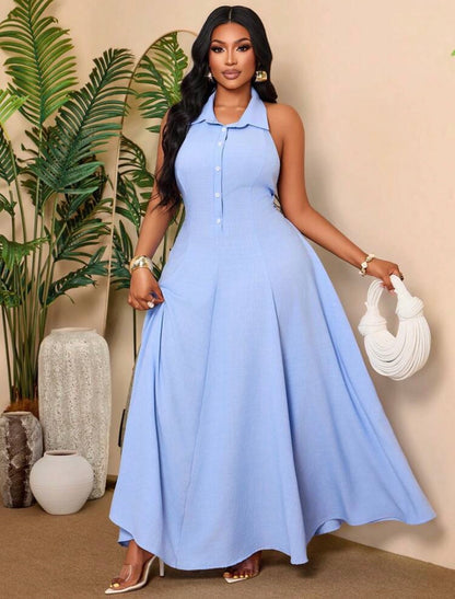 Sleeveless Woven Fabric Maxi Dress With Backless And Button Details