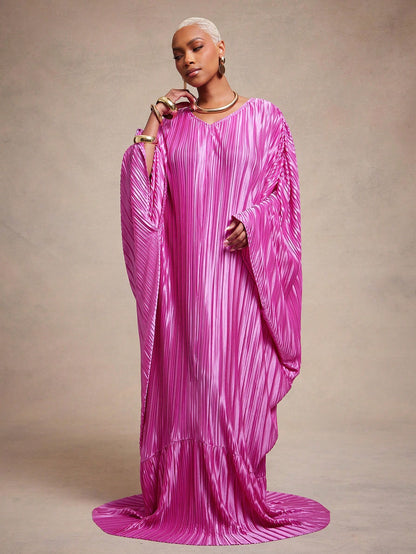 Vixey Statement Pleated Satin V Neck Cut Out Batwing Tiered Hem Kaftan Maxi Dress Elegant For Glamorous, Special Occasion