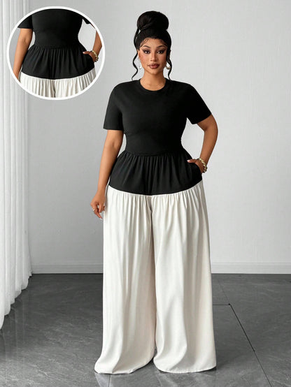 Elegant Smart Casual Everyday Two Pieces Set Fitted Short Sleeve Round Neck T-Shirt And Wide Leg Pants