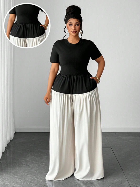 Elegant Smart Casual Everyday Two Pieces Set Fitted Short Sleeve Round Neck T-Shirt And Wide Leg Pants
